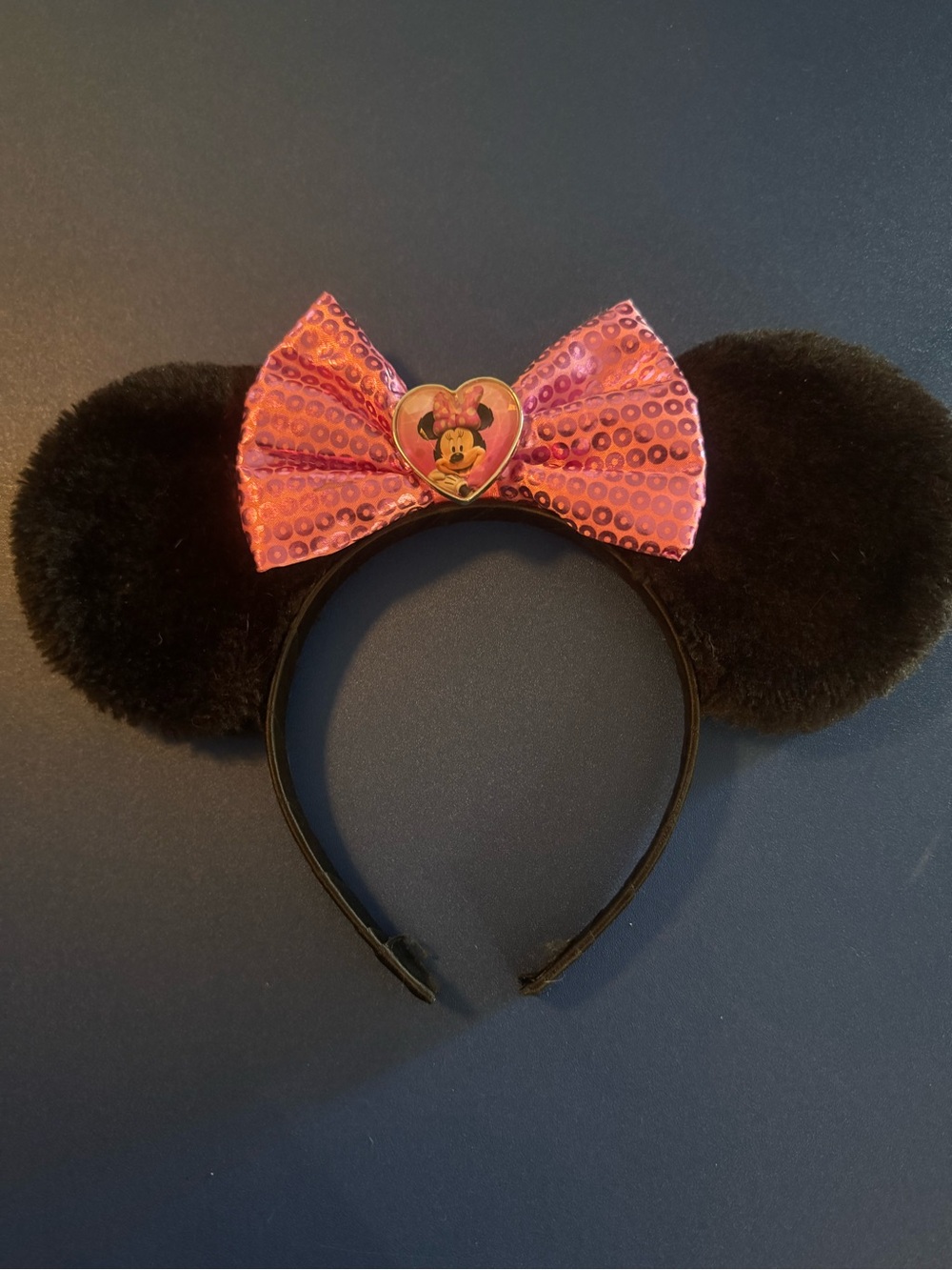 Disney Black Minnie Mouse Ear Headband with Pink Sequin Bow